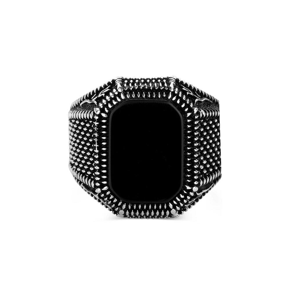 Retro Natural Black Square Agate Men's Pattern Ring, Men's Trendy Alloy Ring, Suitable for Various Occasions