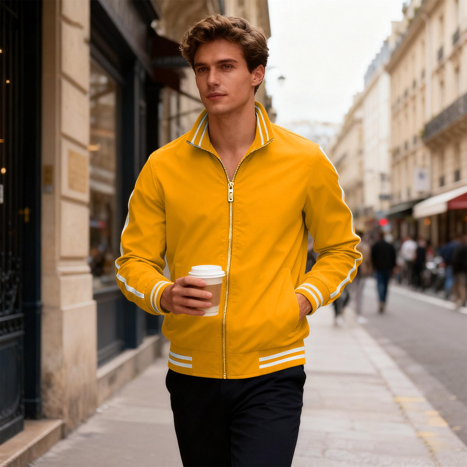 

Men s Stand Up Collar Sports Jacket With Contrasting Stripes And Zippered Jacket XL жёлтый