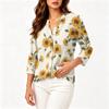 Women's Vintage Floral Print Henley Button Neck Three Quarter Sleeve Linen Cotton Shirt Casual Lightweight Blouse for Everyday Wear