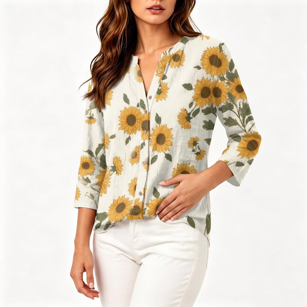 Women's Vintage Floral Print Henley Button Neck Three Quarter Sleeve Linen Cotton Shirt Casual Lightweight Blouse for Everyday Wear