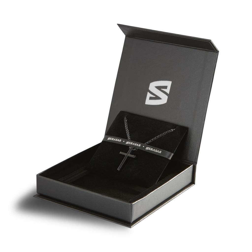 Chain Necklace Pendant Stainless Steel 60cm Black with Jewelry Box Gift Cross Band Jesus [SERASAR] Men's -