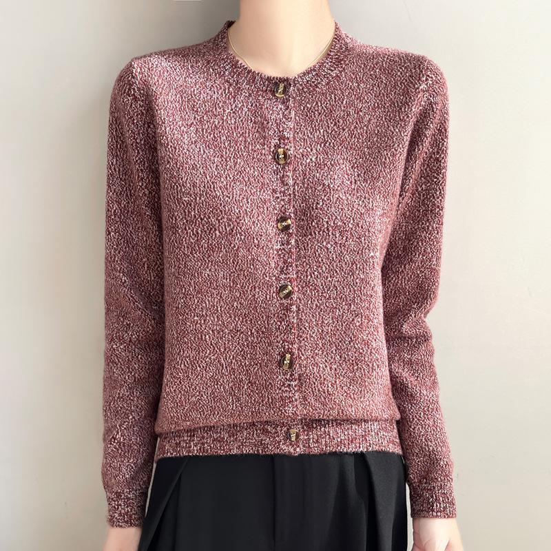 Spring 2025 Retro Velvet Round Neck Knit Cardigan - Space-Dyed Loose Fit for Women
