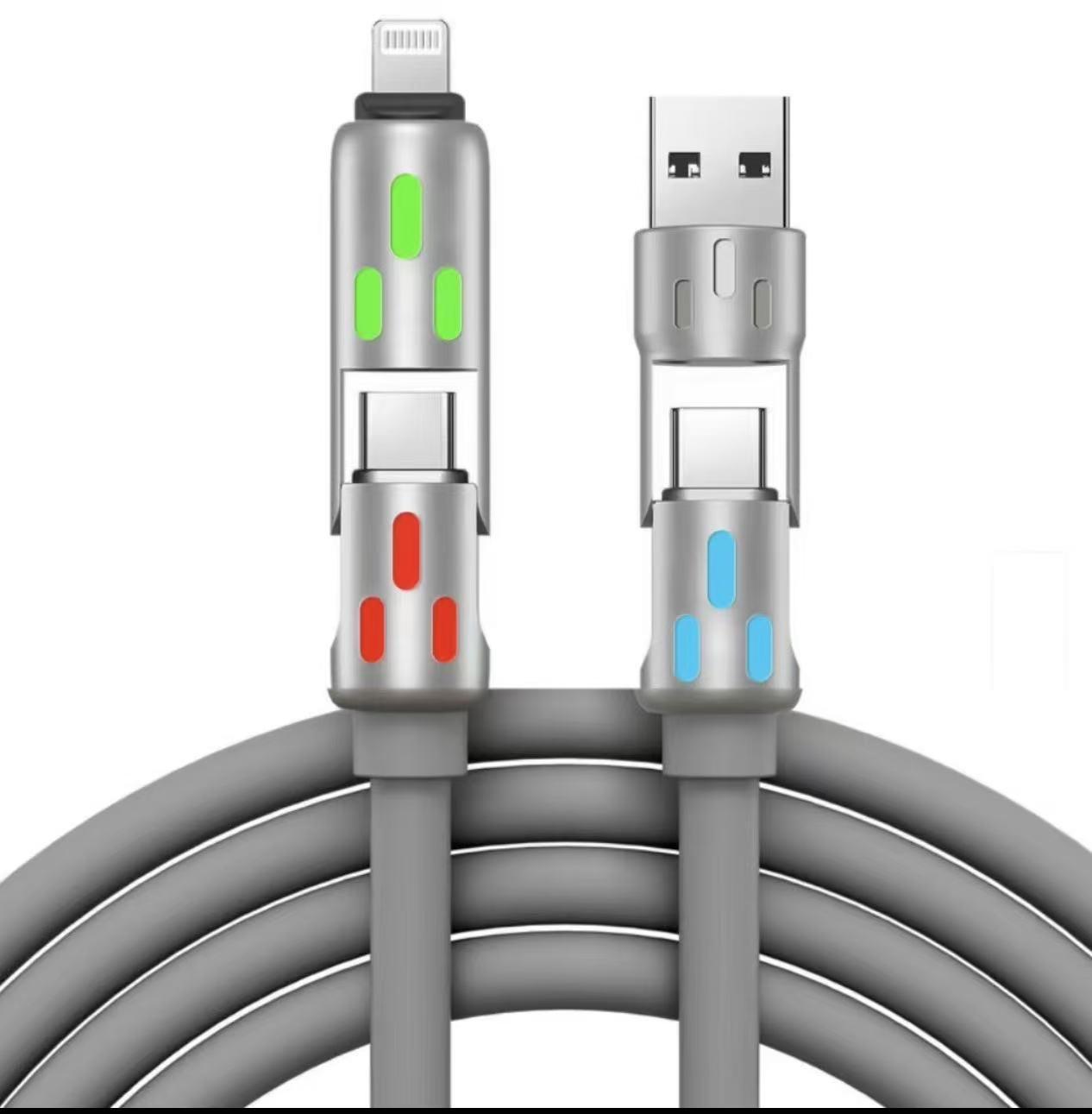 

Silicone 240W Fast Charging 4-in-1 Cable - Compatible with Type-C, Apple, Huawei, and Android Devices 1m