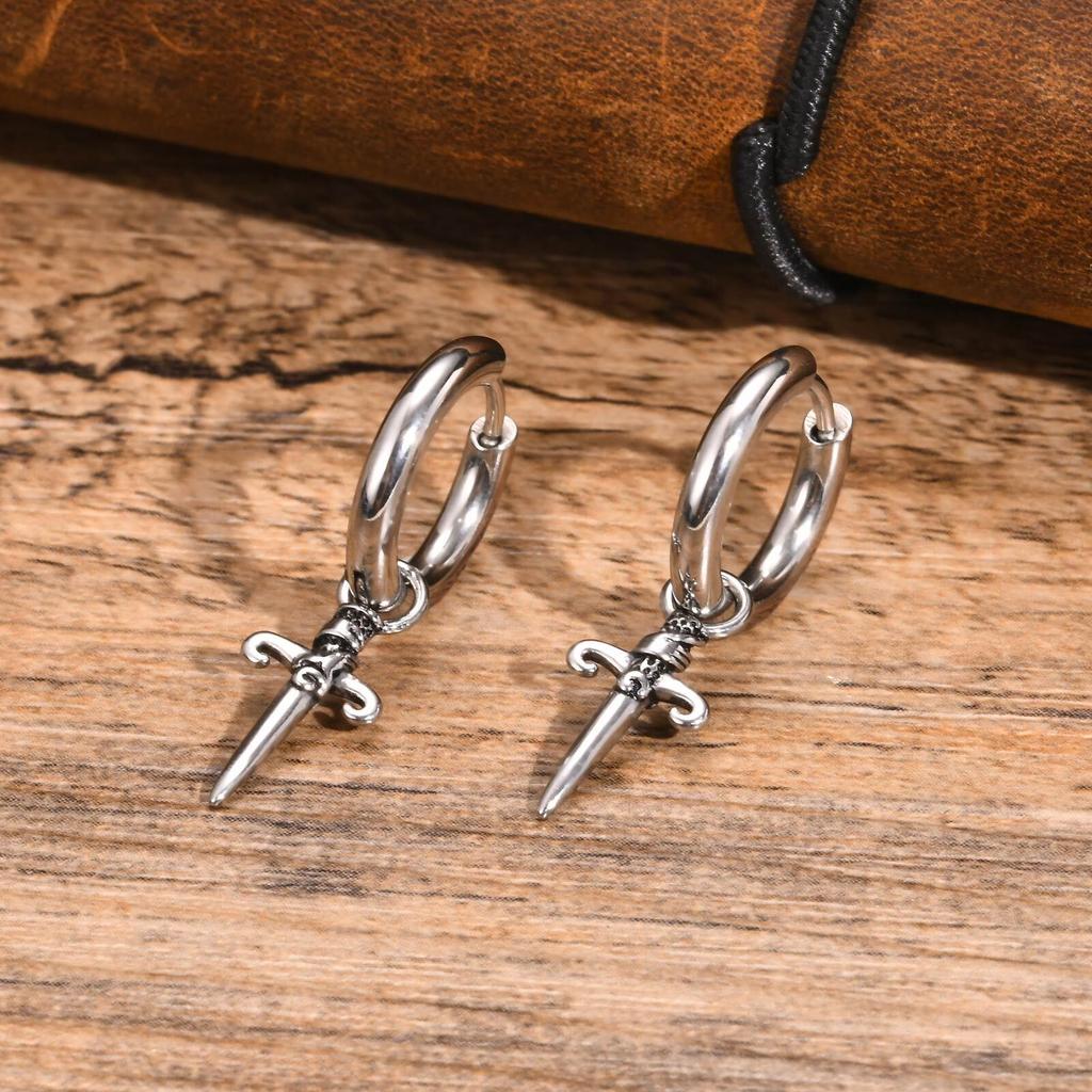 Gothic Sword Shaped Hoop Earrings for Men Boys,Stainless Steel Cross Earrings,Rock Punk Jewelry Anniversary Birthday Gifts