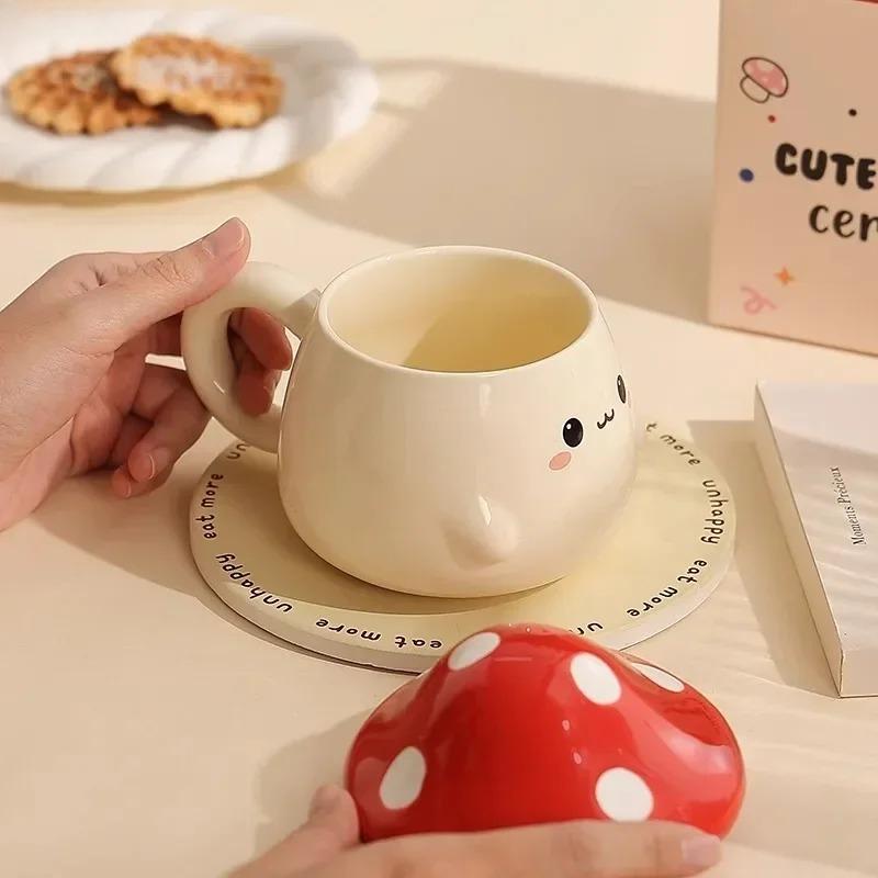 INS Style Mushroom Ceramic Coffee Mug with Lid, Cute Kawaii Tea Cup, Funny Animal Drinkware for Home Office