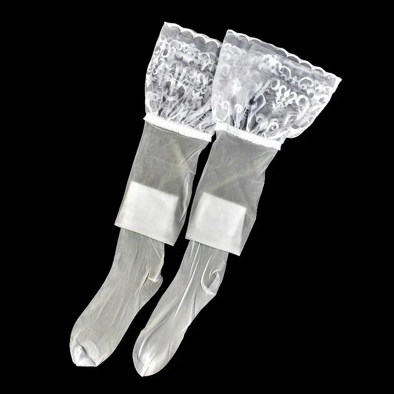 Sexy 5D Ultra Thin Transparent Medias De Mujer Wide Lace Top Silicone Hold Up Thigh High Stockings Oil Shiny Party Club Hosiery