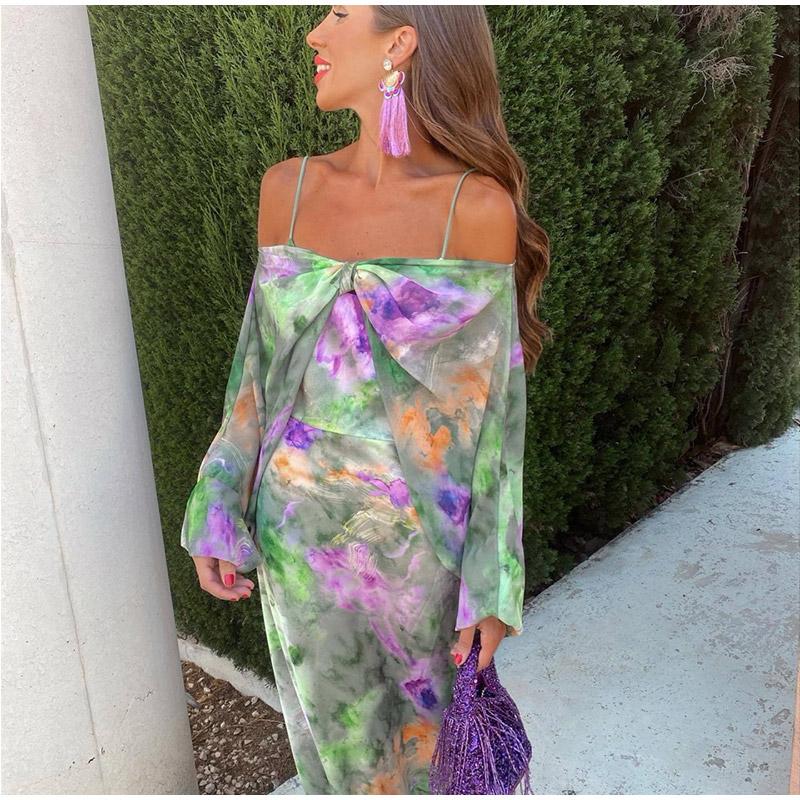 Fashion Elegant Print Dress Women Sexy Off Shoulder Backless Tie-dye Suspender Female Dresses 2 Piece Slash Neck Vacation Lady Robes