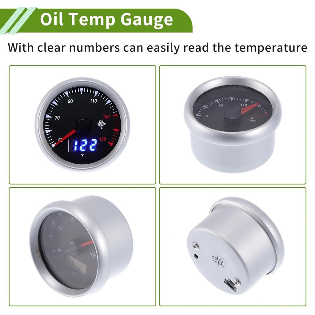 Oil Temp Temperature Gauge Meter Kit Silver Tone Engine Temp Gauge 2" 52mm White 50Degrees Celsius-150Degrees Celsius