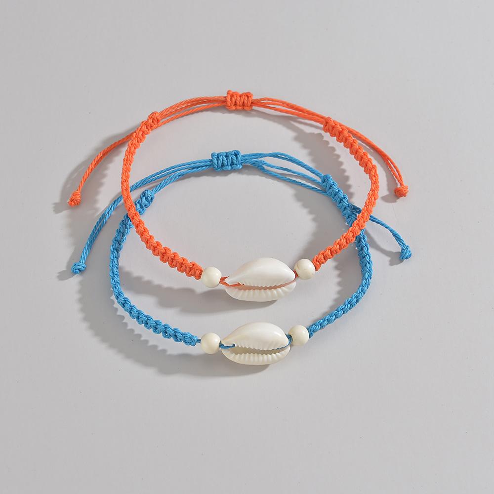 Fashionable Vacation Style Natural Seashell Red and Blue Rope Woven Adjustable Double-Layer Bracelet Unisex Jewelry Gift