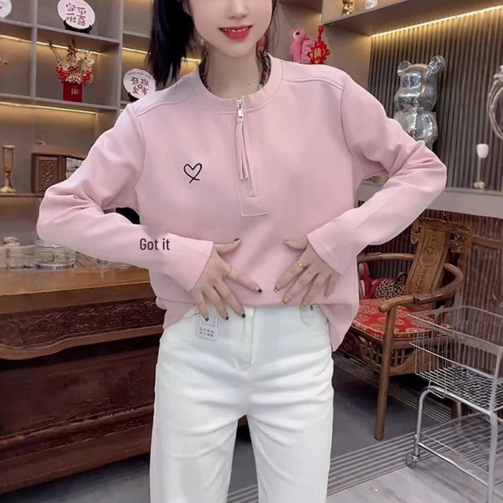 Elegant Korean Style Stand Collar Heart Print Fleece Top - Warm and Tummy Covering for Autumn/Winter