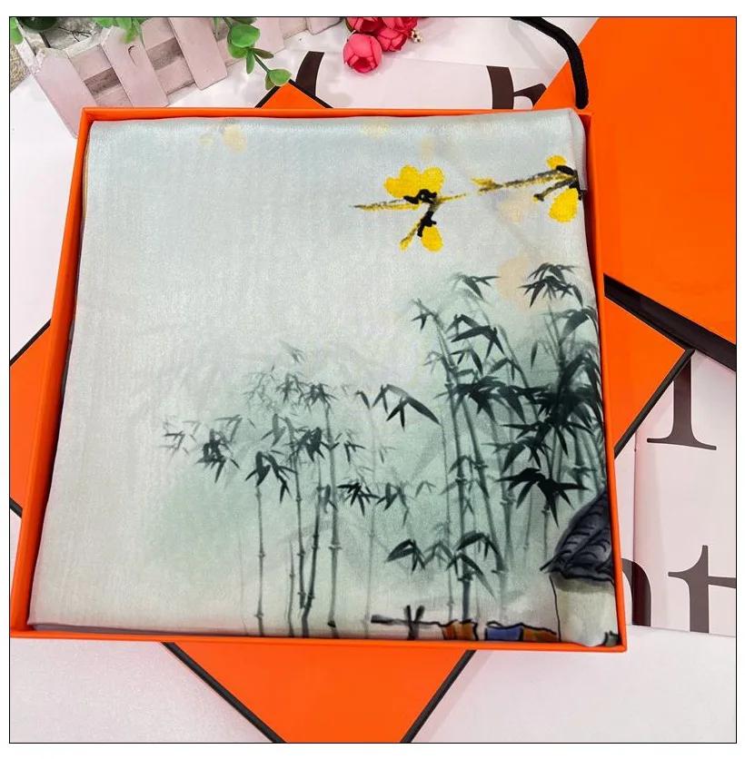 Hangzhou Silk Square Scarf Ink Painting Silk Scarf Female Versatile Chinese Style 110 Mulberry Silk Scarf