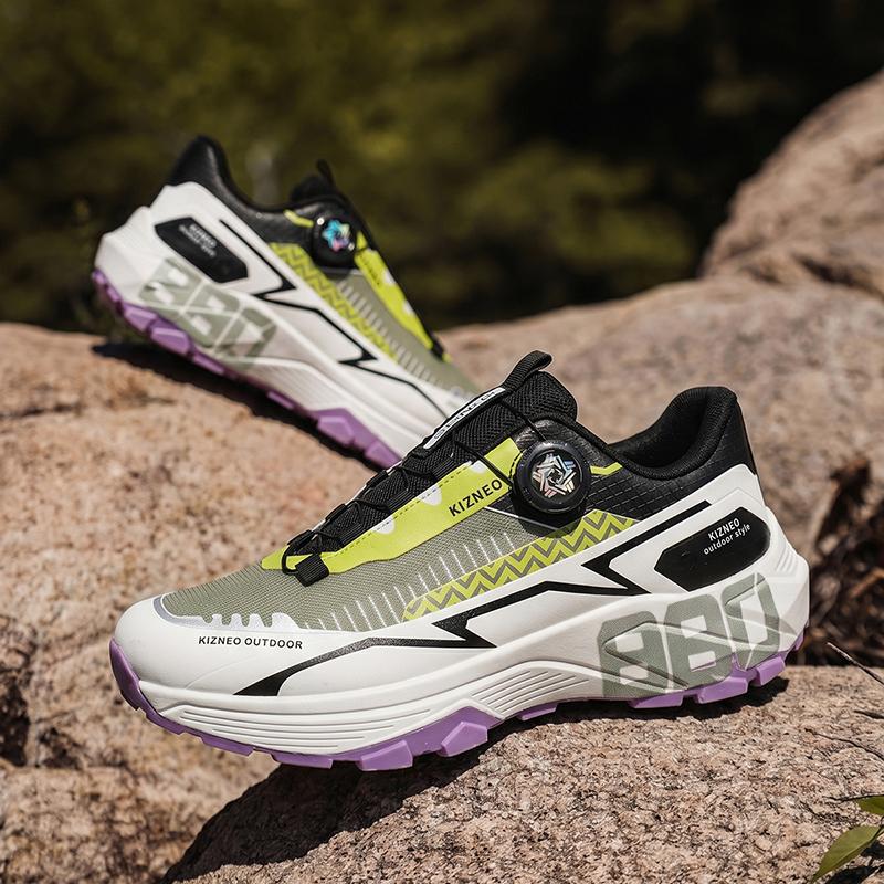 Men Rotary Buckle Hiking Sneakers Breathable Mesh Anti Slip Lug Sole Shock Absorb Outdoor Trekking Sports Shoes