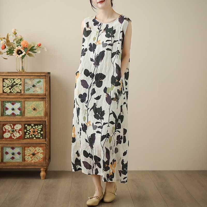 Summer New Original Women's Clothing Seaside Vacation Cotton and Linen Printing Long Dress Sleeveless Dress Long Vest Skirt Long Dress
