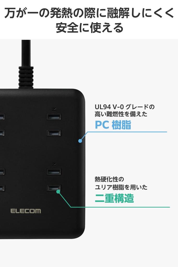 ELECOM Power Strip with PD 1 2 8 AC Lightning Dust Protection USB, 20W, Compatible, Type-C, USB-A, Plugs, 2.5m, Guard, Shutter, Black, ECT-44-8A2C25BK