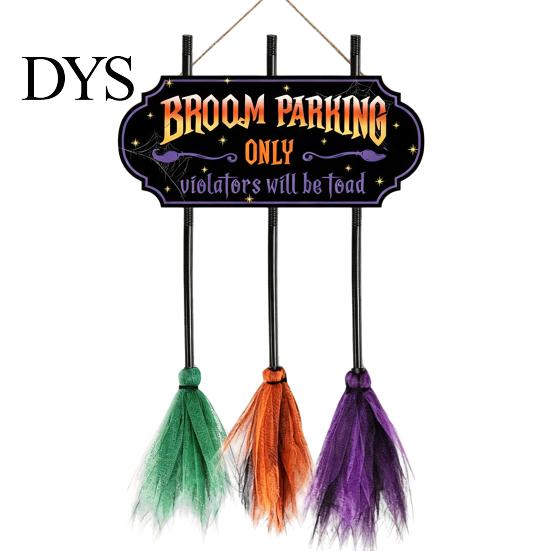 Spooky Charm Indoor Party Decor Halloween Broom Parking Sign with 3 Witch Brooms, Hocus Pocus Themed Wooden Sign, Reusable Farmhouse Entrance