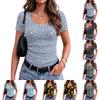Damen Slim Fit Kurzarm Top Quadratischer Ausschnitt Vintage Blumendruck Geripptes Dehnbares Gewebe Lässiges Hemd