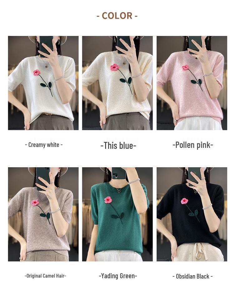 Soft Embroidered Floral Wool Sweater: Short-Sleeve Round Neck Women's Top