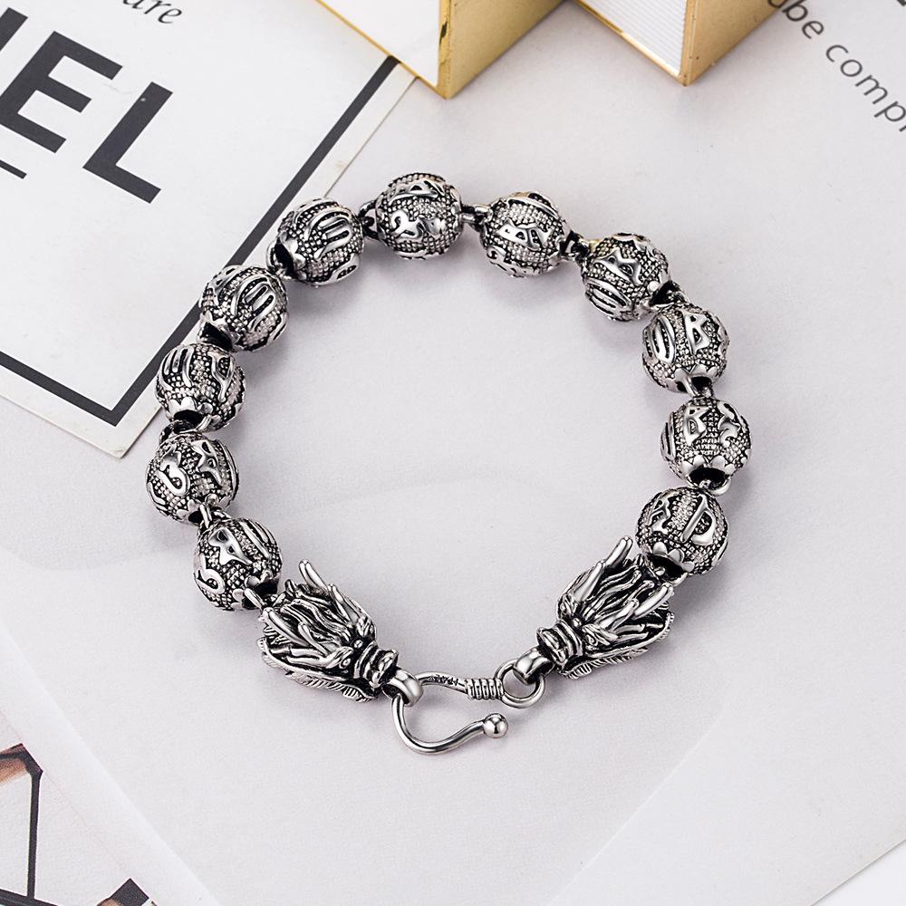 National Style Retro Dragon Buddha Bead Men'S Bracelet National Style White Copper Electroplating Rhodium Double Faucet