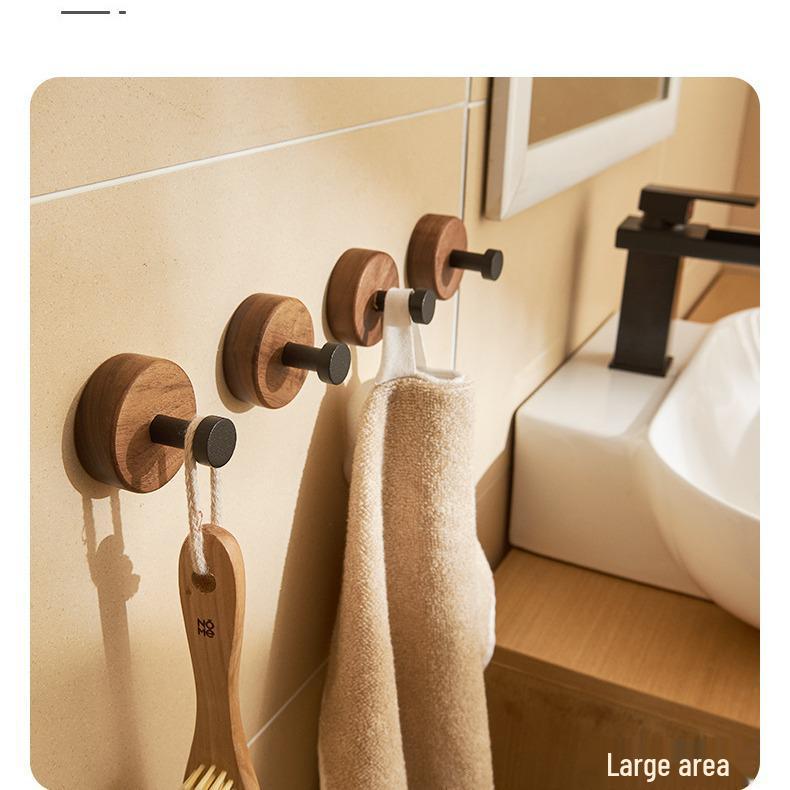 Walnut Bathroom Wall-Mounted No-Drill Adhesive Hook, Solid Wood & Space Aluminum