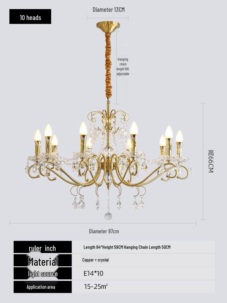 American Crystal Copper Chandelier - Elegant European Candle Style for Living, Dining, and Bedroom
