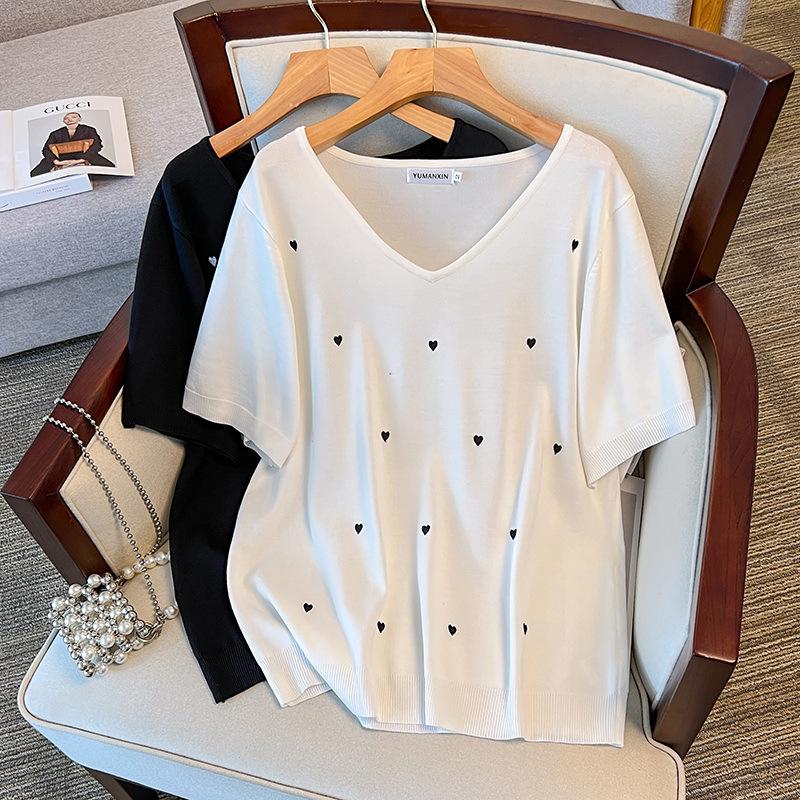 Plus Size Women s Summer Ice Silk Knit Slimming Short Sleeve Top 3XL