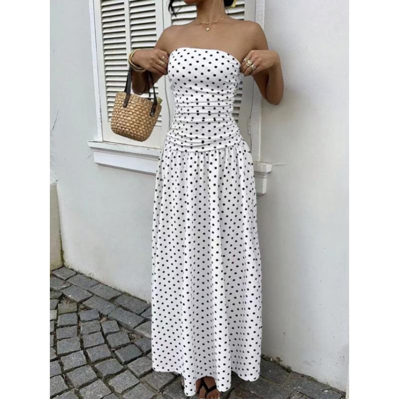2026 Summer Off Shoulder Polka Dot Dress New Sexy Elegant Strapless Waist-cinching Slim Fit A-line Party Evening Dress Sweet Pleat Fashion Clothing
