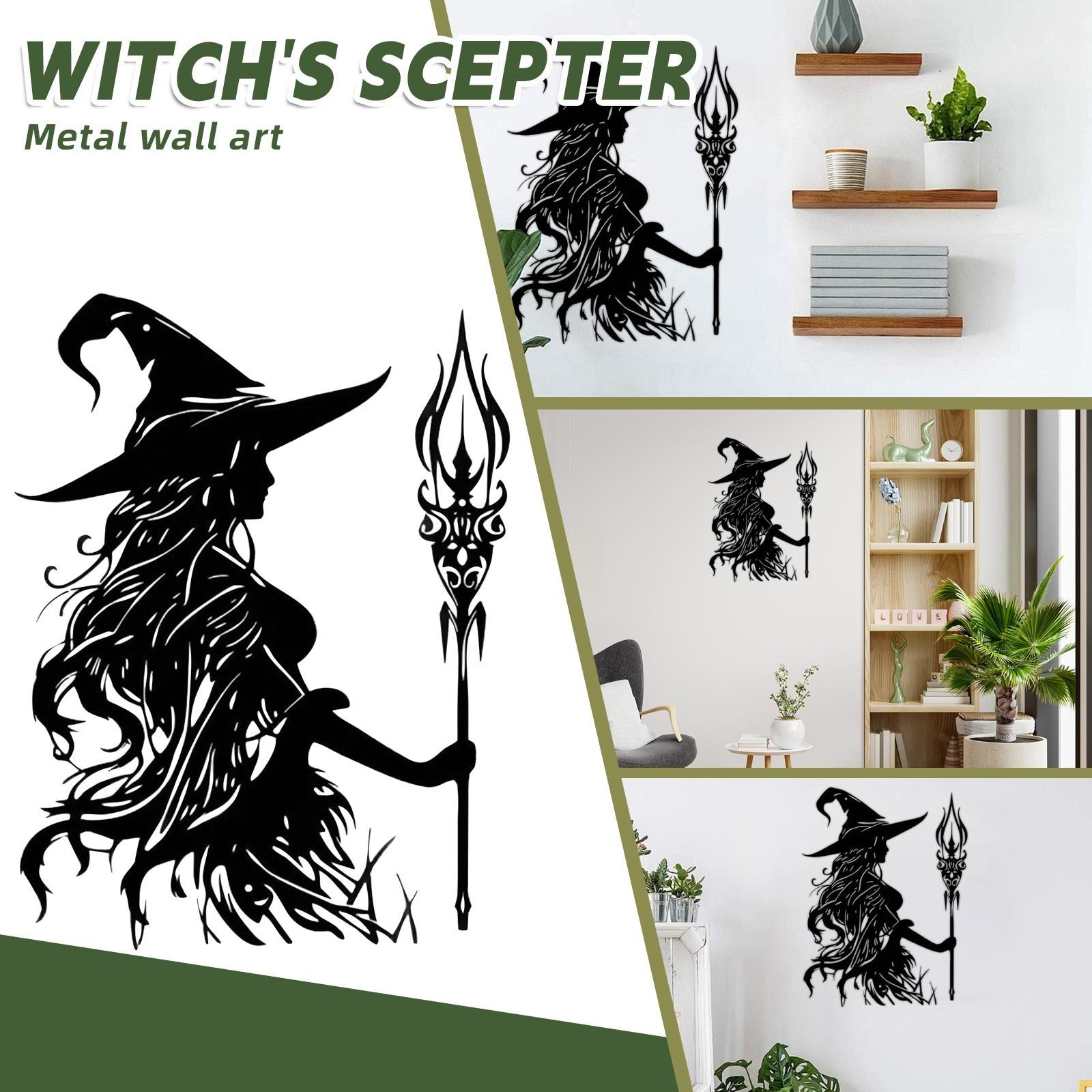 

Металлический декор для стен «Ведьма» - Готический декор с замысловатым силуэтом посоха, Подвеска на Хэллоуин для помещения/улицы для гостиной, крыльца или спальни - One Size