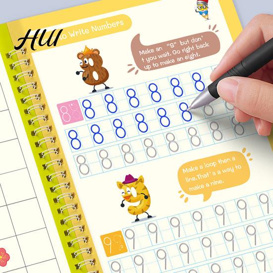 Kids Writing Practice 4Pcs Grooved Book with Pens Refills Pencil Gripper Reusable Handwriting Workbooks Alphabet Tracing Learning Children Workbook