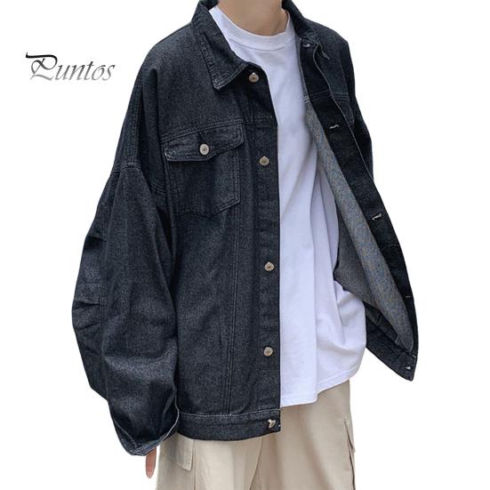 

Мужское джинсовое пальто с лацканами, длинными рукавами, карманами с клапанами, однобортная куртка с карманами с клапанами, однотонная свободная верхняя одежда из денима L чёрный