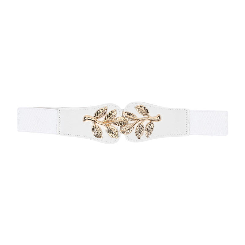 Women's Waist Belts Retro Waistband Golden Leaf Elastic Waist Closure with Double Hook Buckle Wide Belt Fashion Elegant Women Belt for Skirt