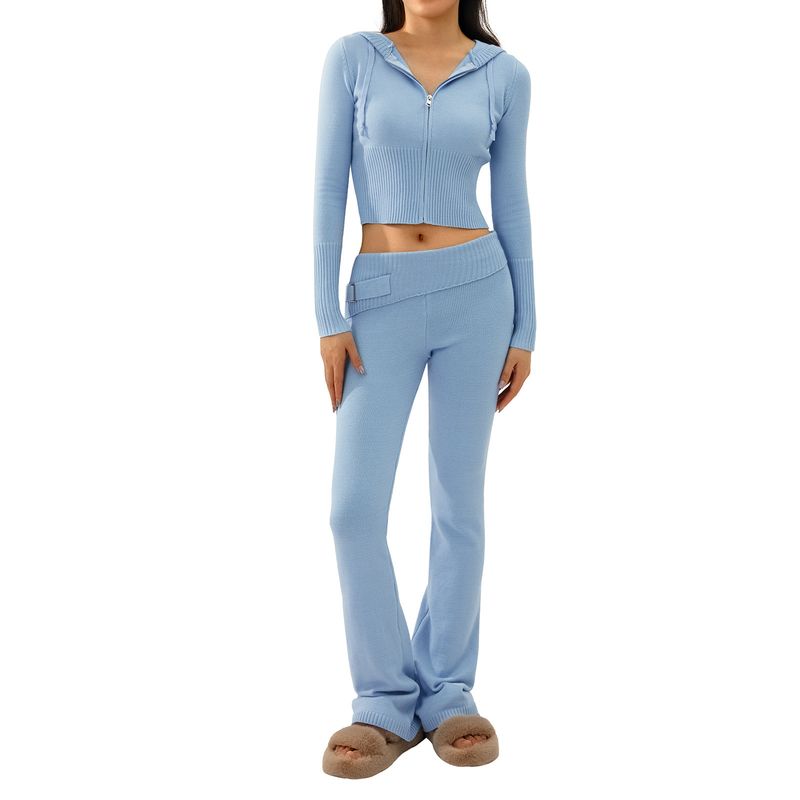 European and American New Knitted Hood Set Women Clothes Fashion Sexy High Waist Long Sleeve Trousers Two-piece Set