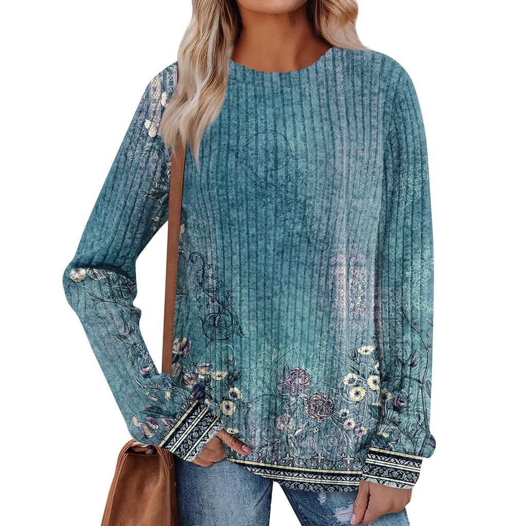 Women's Printed Lightweight Brushed-Cotton Round Neck Top