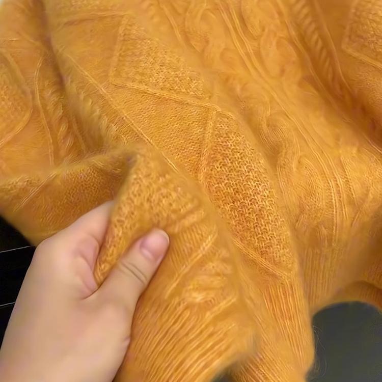 Women's Thickened Mohair Wool Cable Knit Pullover Sweater - Orange Collar, Soft & Cozy for Autumn/Winter