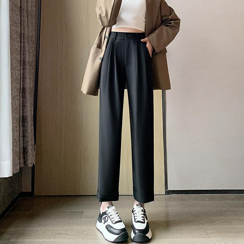 suit wide-leg pants women's pants spring and autumn new high-waisted drape nine-point straight casual and thin black trousers