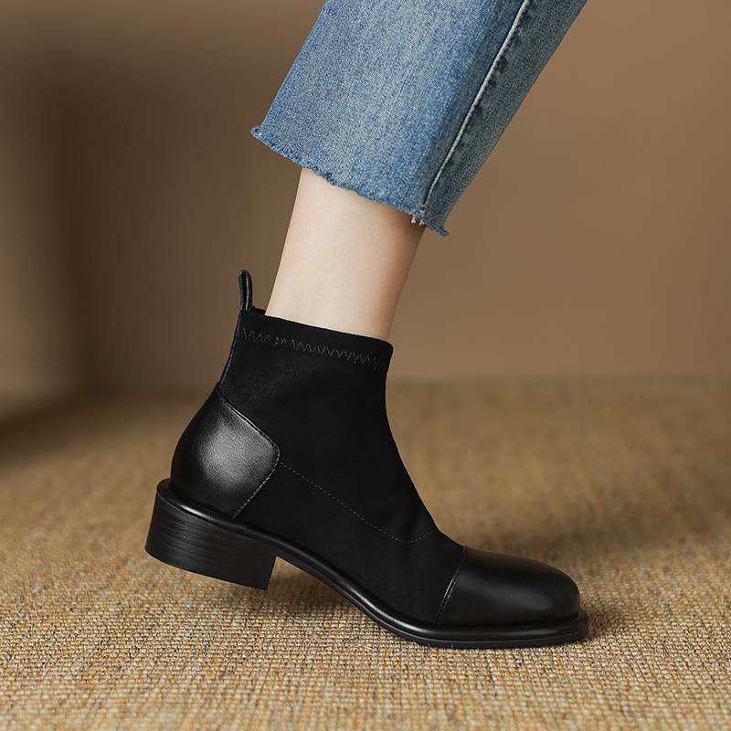 Krazing Pot Flock Autumn Winter Shoes Low Heels Size 43 Stretch Boots Back Patch Work Street Wear Elastic Ankle Boots
