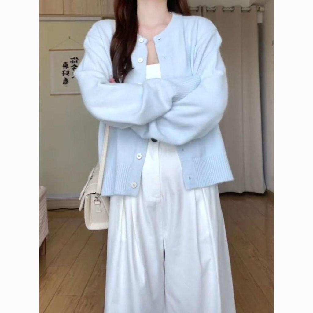 Women's Light Blue Knit Cardigan - Soft, Short, and Simple for Spring, Autumn, and Winter