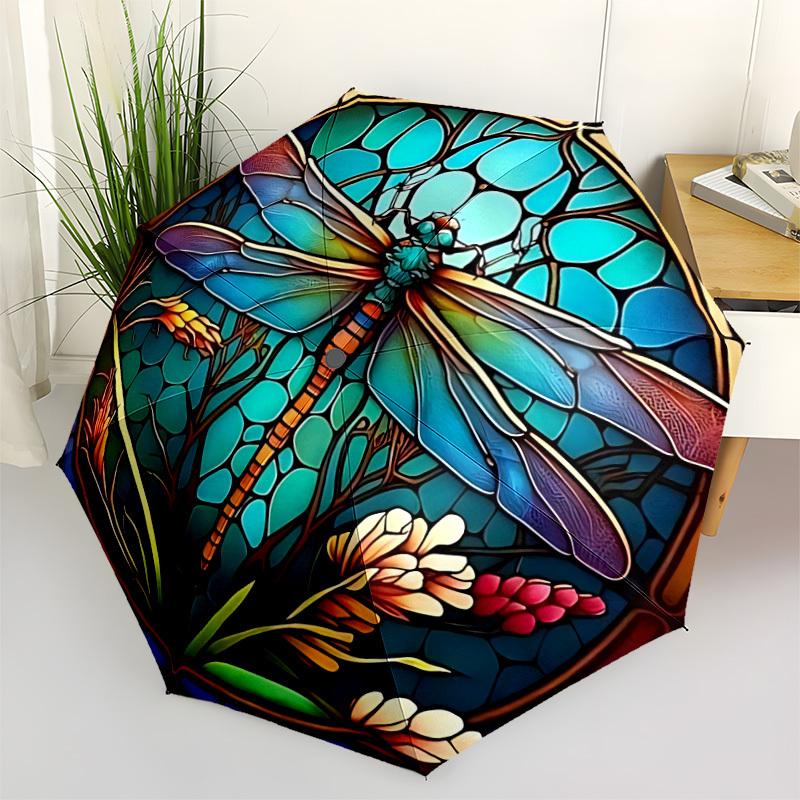 1pc Dragonfly StainedGlass Automatic Open/Close Umbrella with Folding feature Compact Travel Umbrella, Lightweight design, for Commuting006