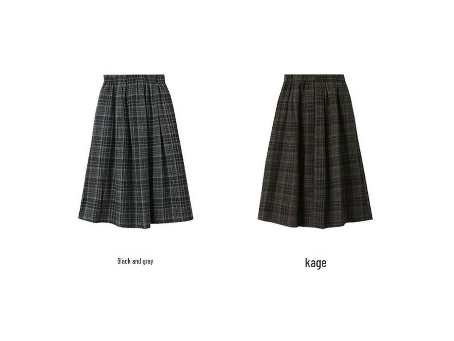 Ou Fan Retro Plaid Woolen Pleated A-line Skirt with Elastic Waist for Autumn/Winter