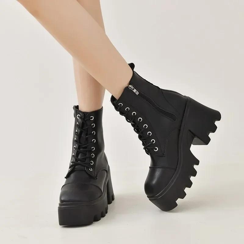 Fashion 2025 Winter Plus Size Shoes for Women Side Zip Women's Ankle Boots Platform Square Heel Ladies Boots Lace-up Shoes Female