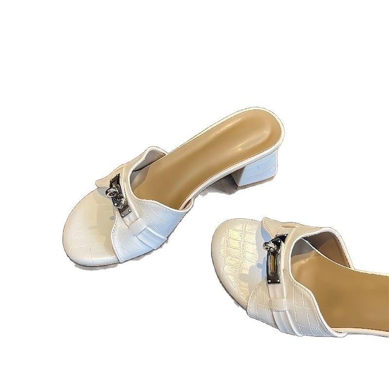 Small gold buckle crocodile pattern one-word high-heeled slippers women's summer soft-soled beach round head mid-heeled sandals