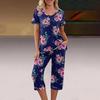 2 Stück/Set Damen Blumenprint Loungewear Set V-Ausschnitt Kurzarm T-Shirt Taschen Elastische Taille