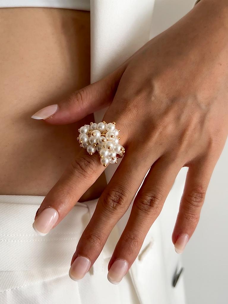 SHIXIN Vintage Creative Silver Color Large Flower Open Ring for Women Punk Imitation Pearl Party Adjustable Ring Finger Jewelry