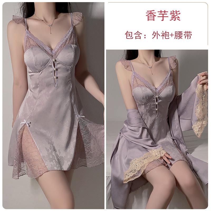 Women's Plus Size Padded Backless Cami Dress with Robe Lounge Set for Summer