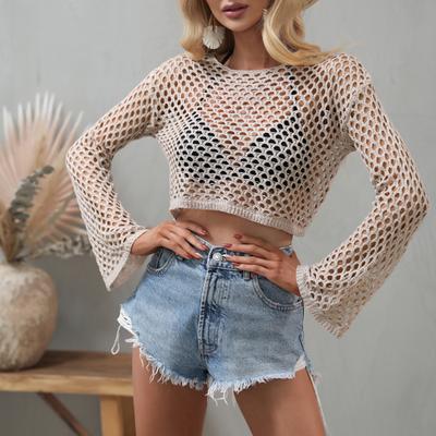Stylish Crop Top Fish Net Long Sleeves Sexy Simple Pure Color Crop Top for Party