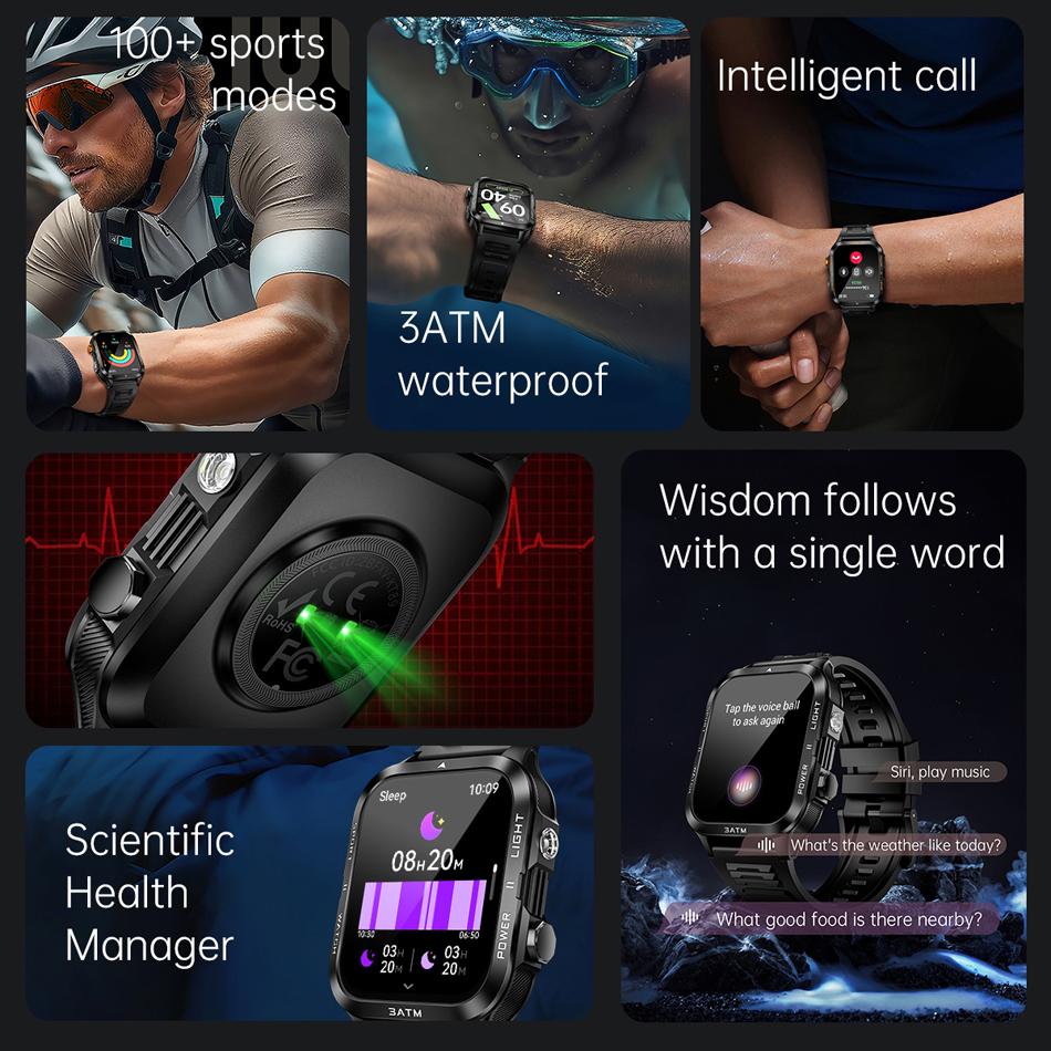 Novo Relógio Inteligente Militar para Homens ao Ar Livre Lanterna Bateria Grande de 880mAh IPX8-3ATM Chamada Bluetooth Smartwatches Para Android e iOS