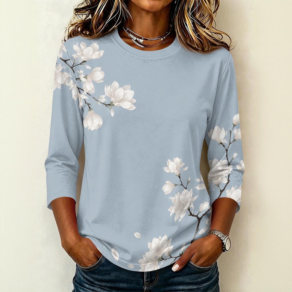Women Casual Round Neck 3/4 Sleeve Floral Print T Shirt Lightweight Comfortable Soft Fabric Top for Everyday Wear