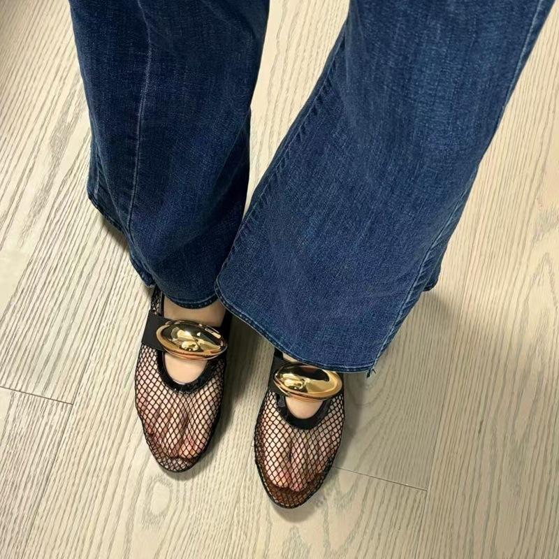 Niche Design Metal Elastic Band Mesh Ballet Shoes Women's Hollow Shallow Mouth Breathable Mary Jane Single Shoes