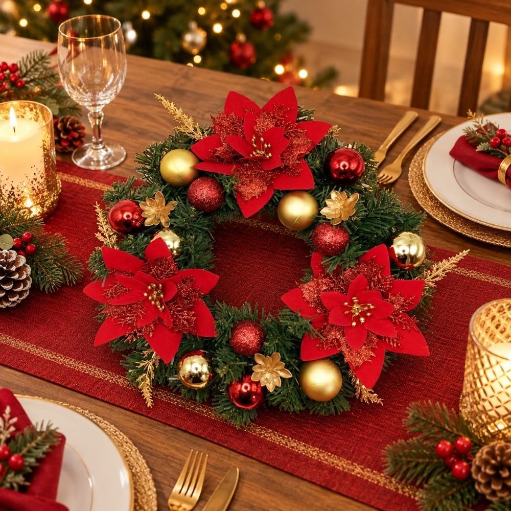 Red Flower Christmas Wreath Realistic Design Faux Greenery Wreath Xmas Artificial Garland  Holiday