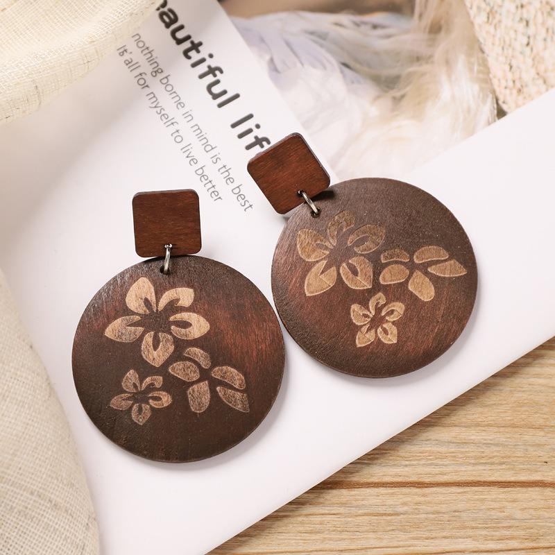 Vintage brown coffee wood stud earrings niche Maillard exaggerated round earrings earrings earrings women