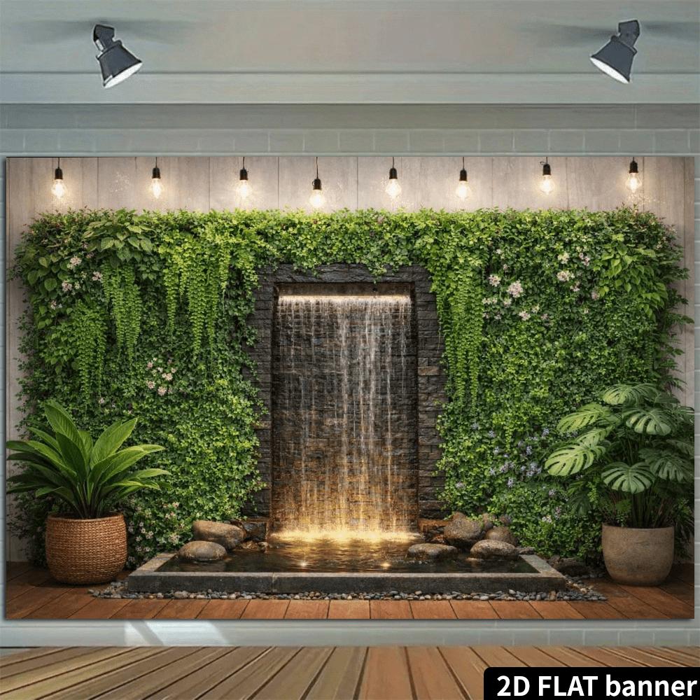 2D plane, stone wall water curtain with green plants as the background fabric, suitable for home decoration, polyester fiber